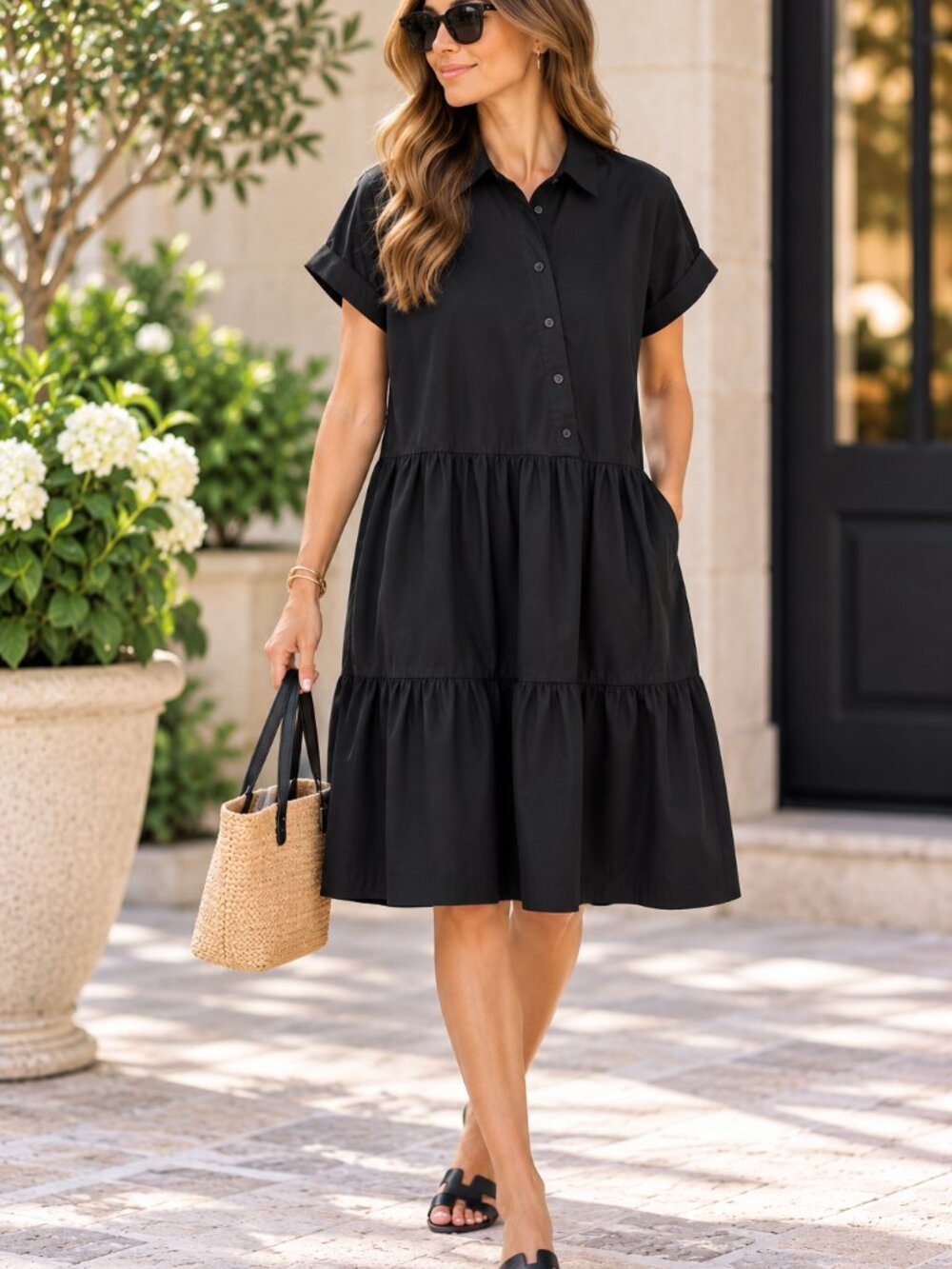 Chico's Classic Minimalist Black Tiered Shirt Dress Sz 2 (US 12)